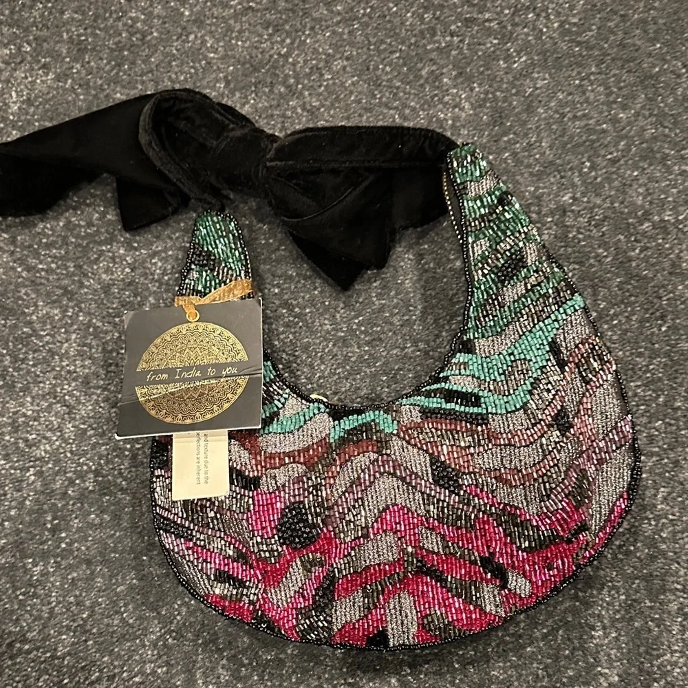 NWT Beaded Multicolor Crescent Shoulder Bag with Black Velvet Tie
